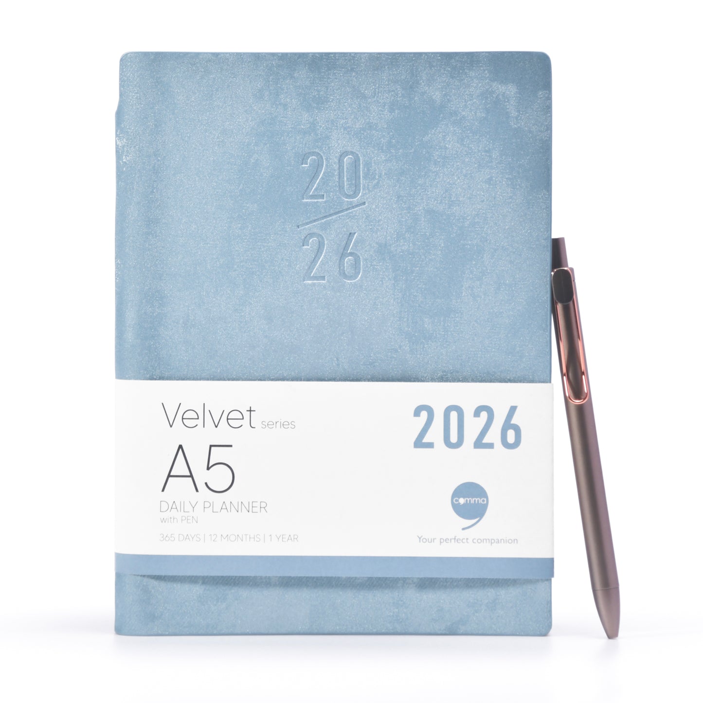 Blue A5 daily planner with a pen on a white background