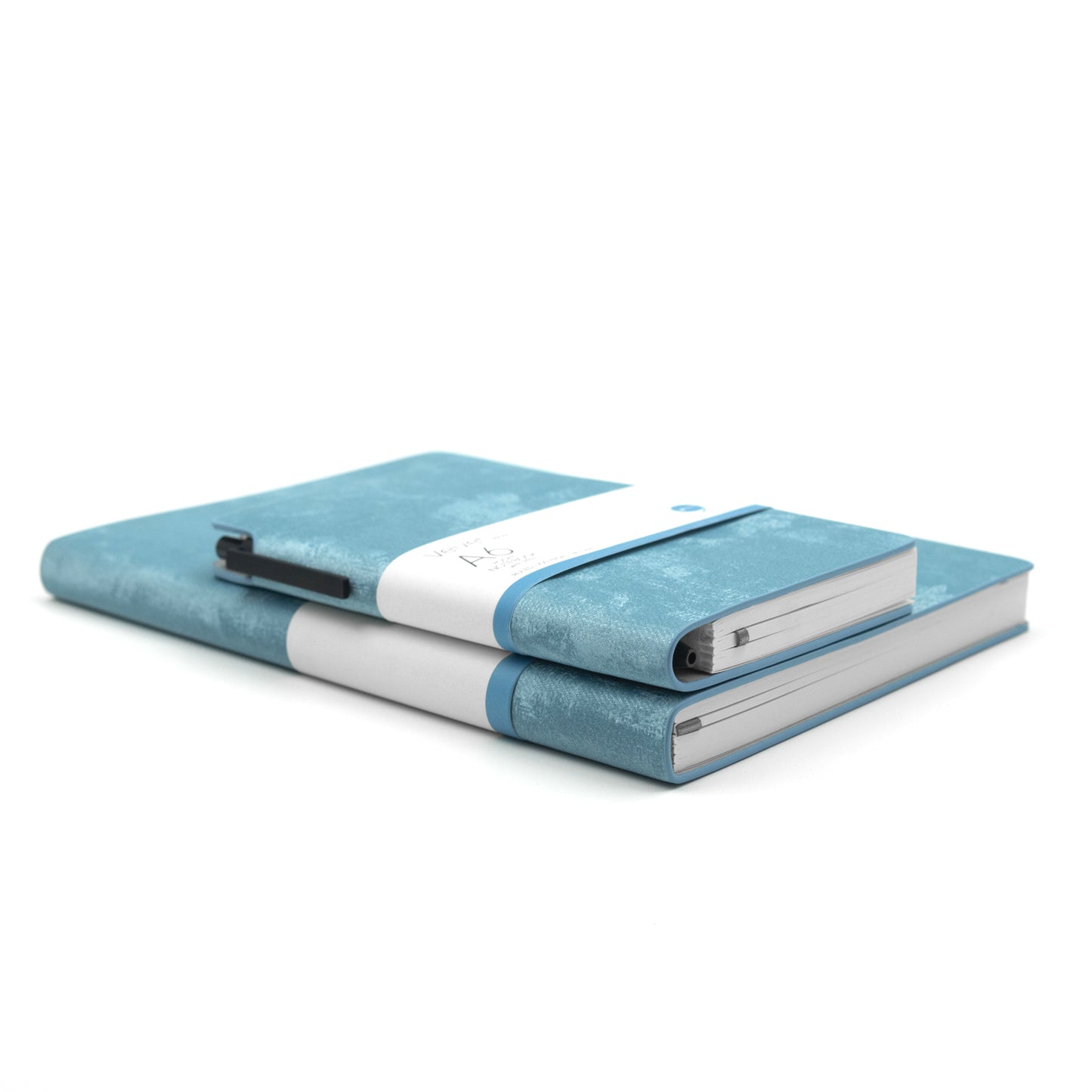 A set of two  blue velvet notebooks, one A5 size and one A6 size, with a blue ballpoint pen and labeled 'Velvet Series A5' and 'Velvet Series A6' respectively.