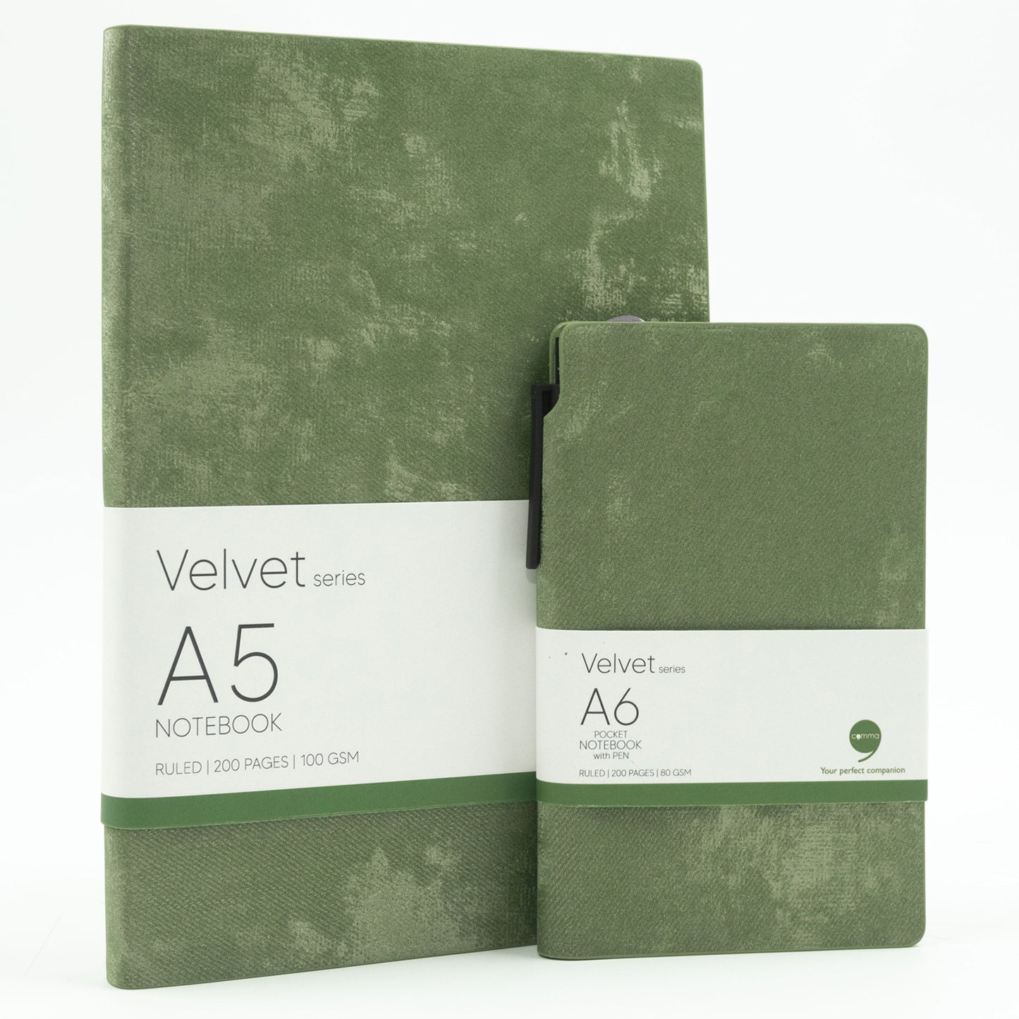 A set of two green velvet notebooks, one A5 size and one A6 size, with a green ballpoint pen and labeled 'Velvet Series A5' and 'Velvet Series A6' respectively.
