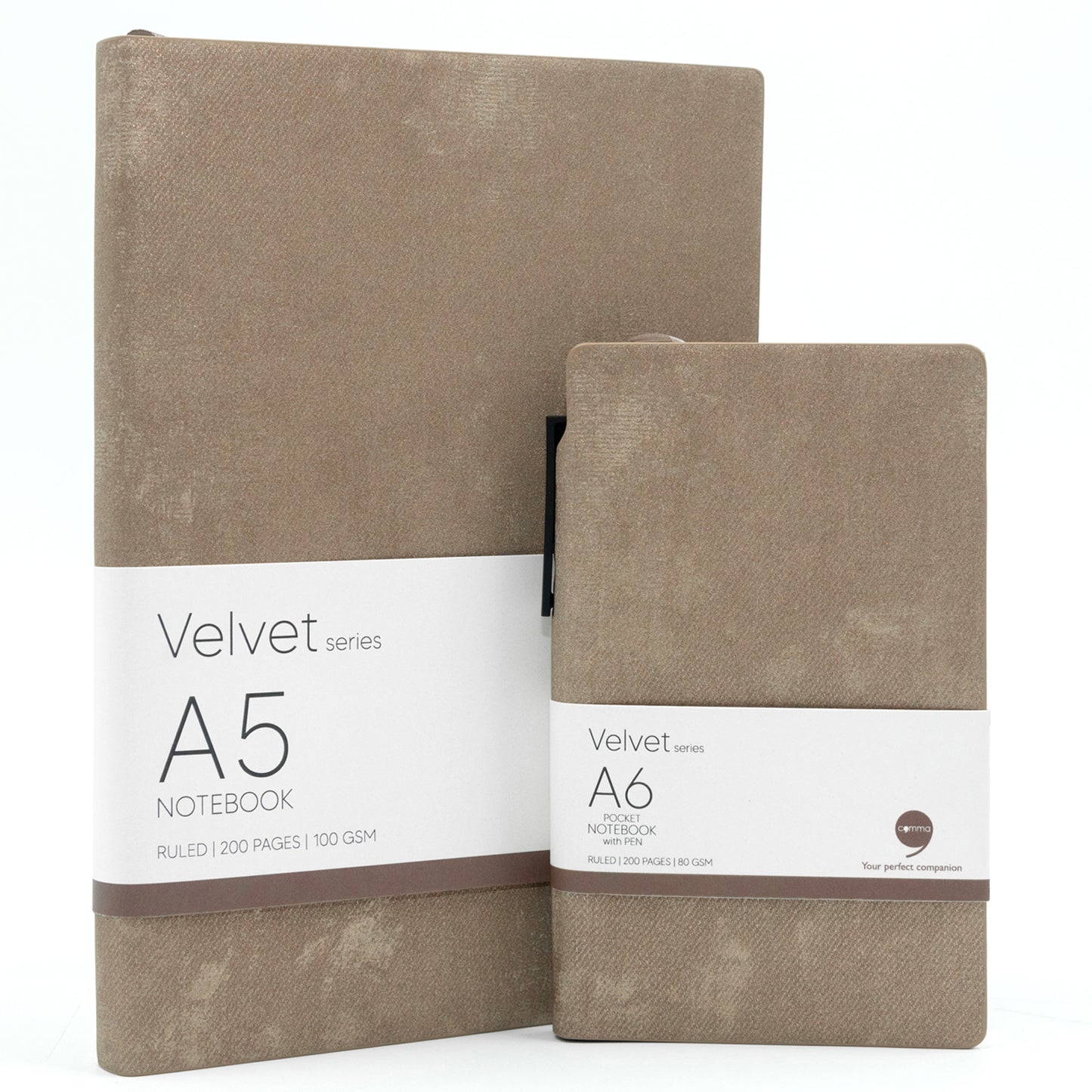 Two brown velvet notebooks, one A5 size and one A6 size, with a label indicating the brand and product size, placed side by side.