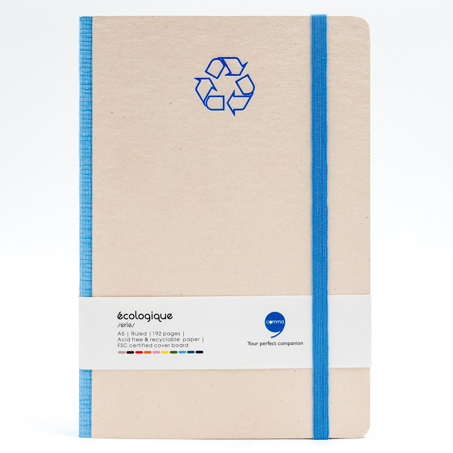 Beige notebook with blue recycling symbol and blue strap on a white background