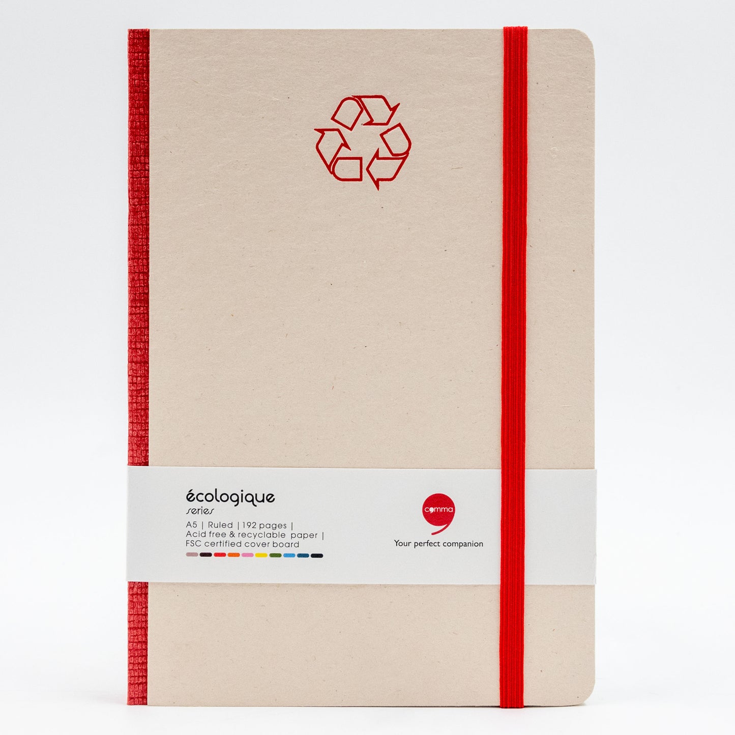 Beige notebook with red recycling symbol and 'ecologie' branding on a white background