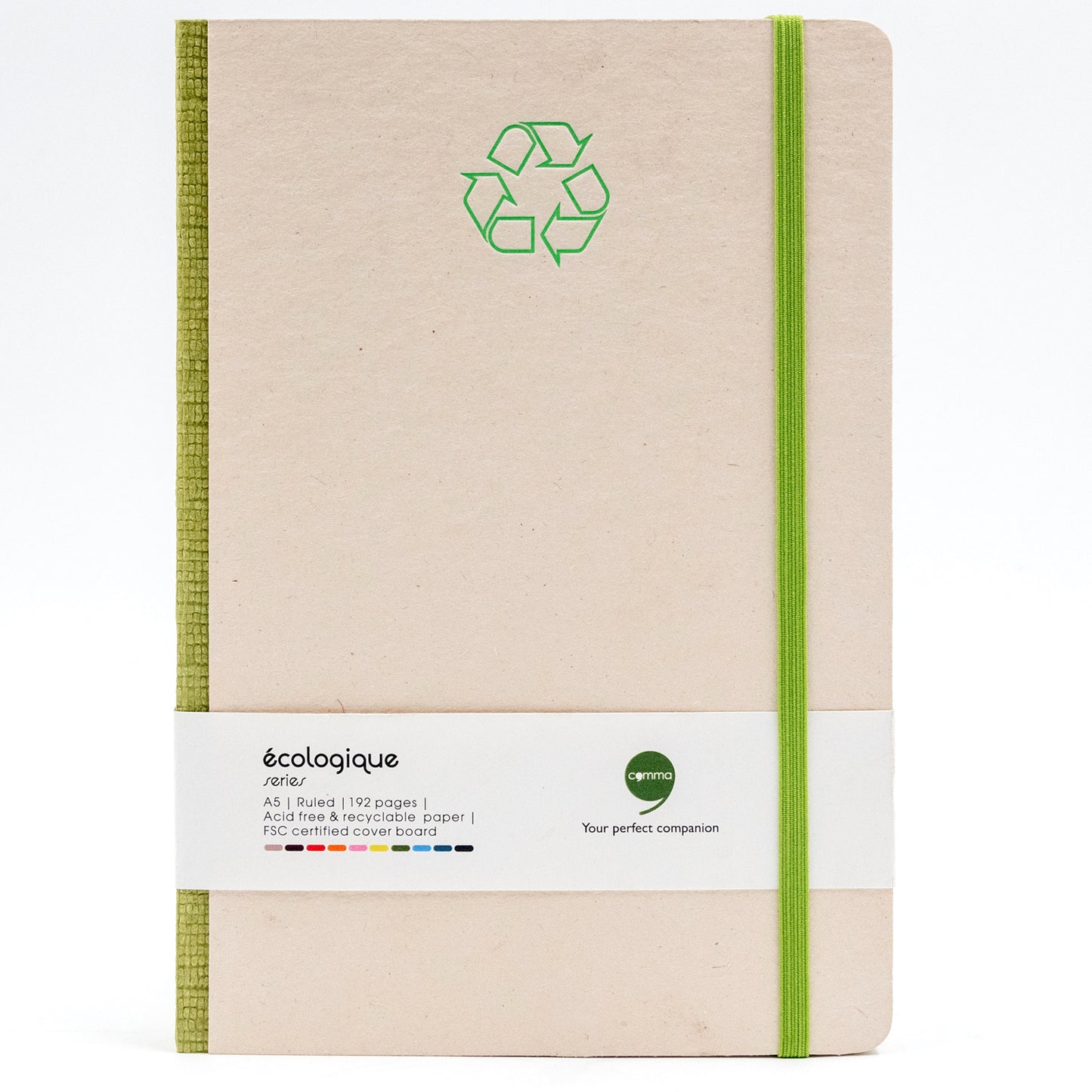 Beige notebook with green recycling symbol and branding on a white background
