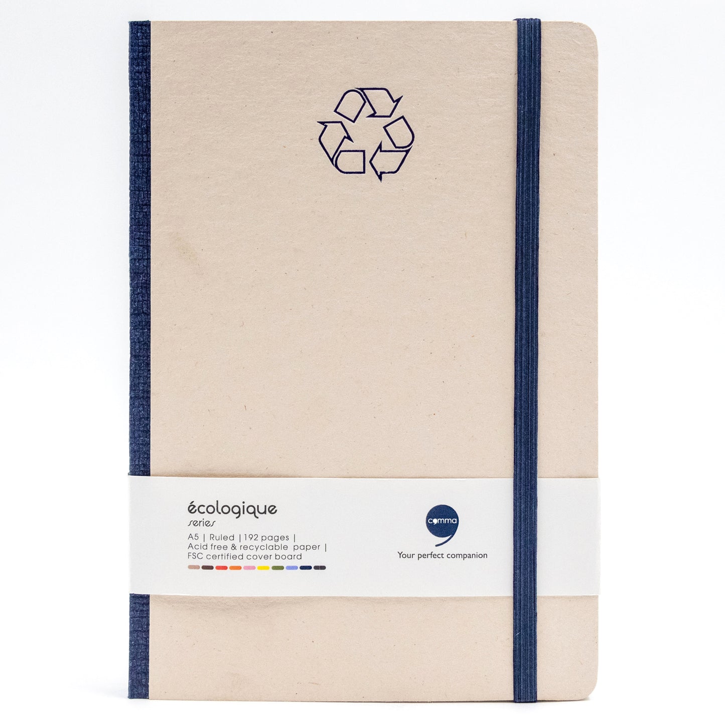 Beige notebook with a recycling symbol and 'ecologique' branding on a white background