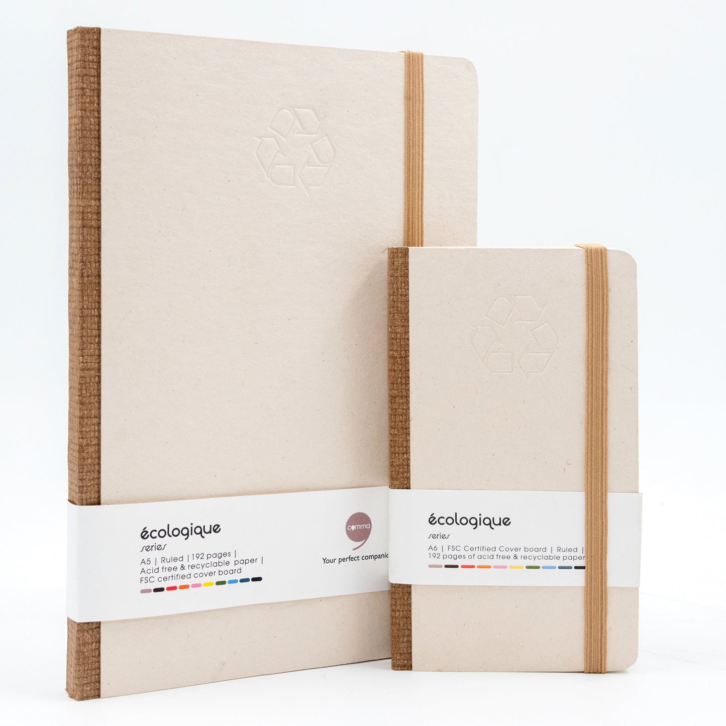 Two beige notebooks with brown elastic bands on a white background, featuring the 'ecologique' brand.