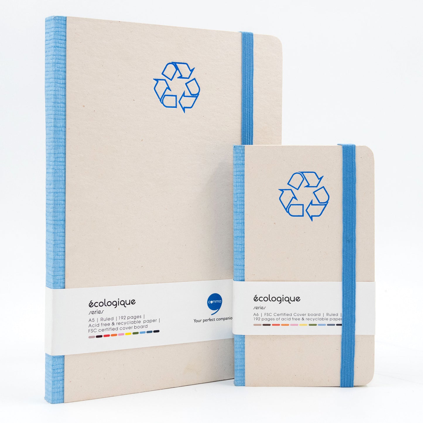 Two eco-friendly notebooks with a recycling symbol on a white background