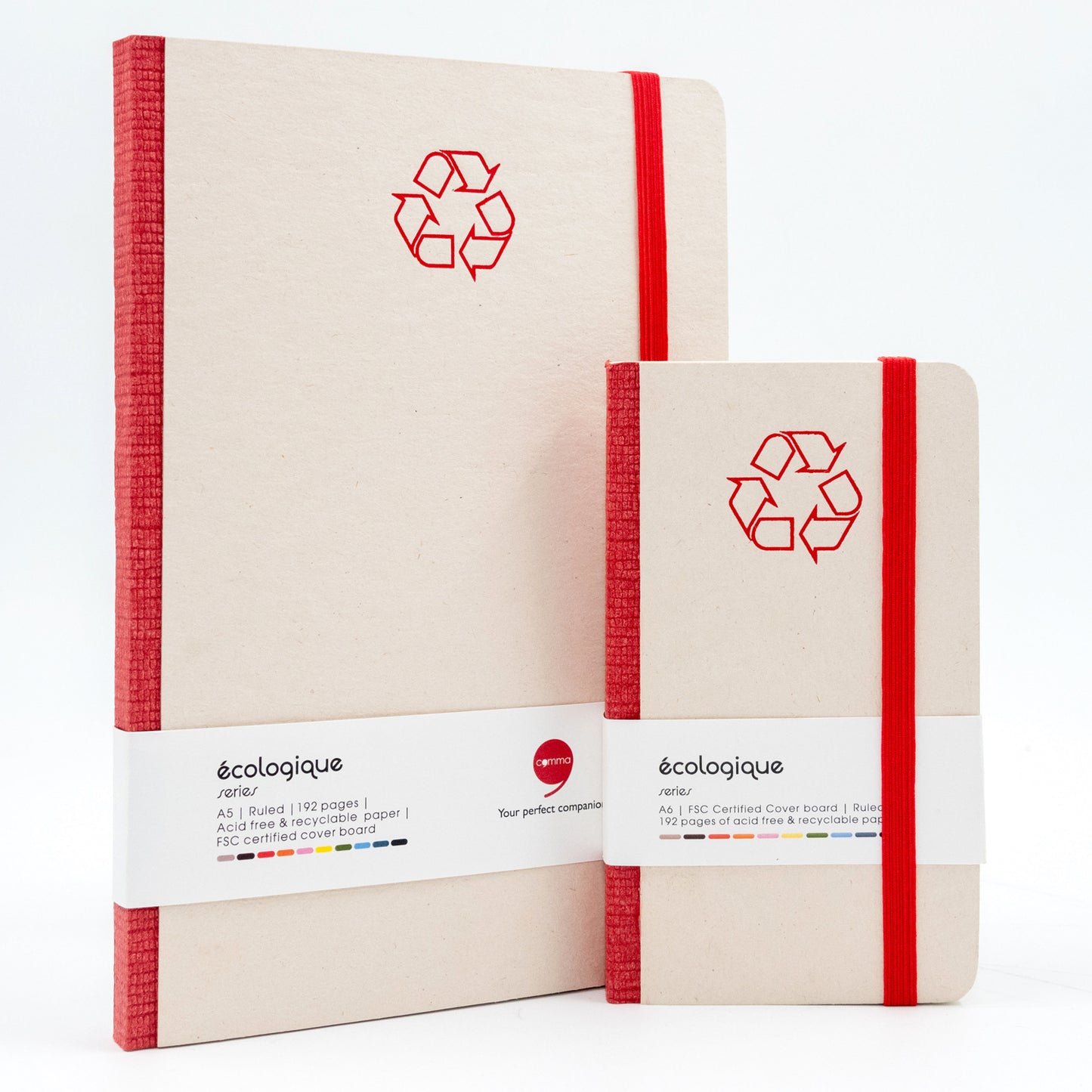 Two beige notebooks with red straps and recycling symbol on a white background