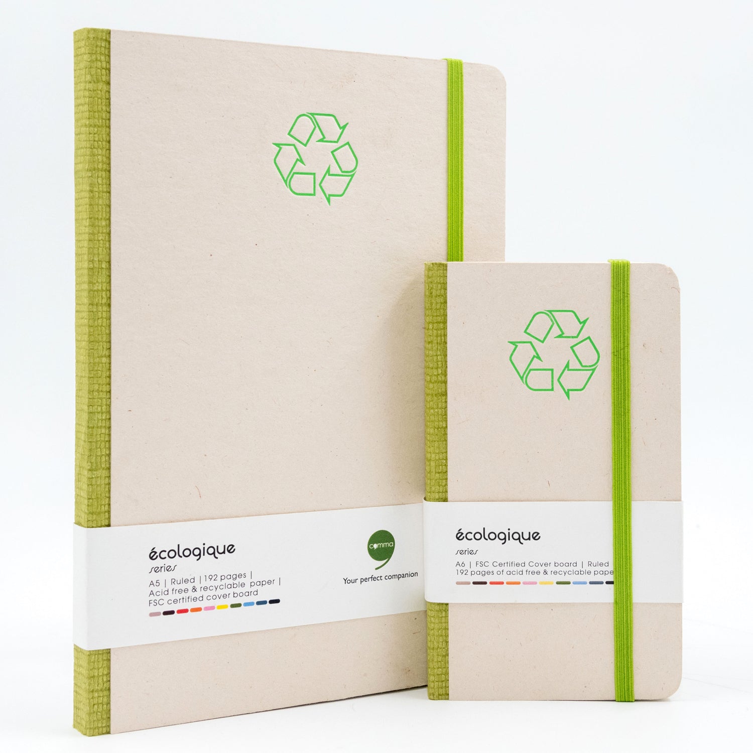 Two eco-friendly notebooks with green recycling symbols on a white background