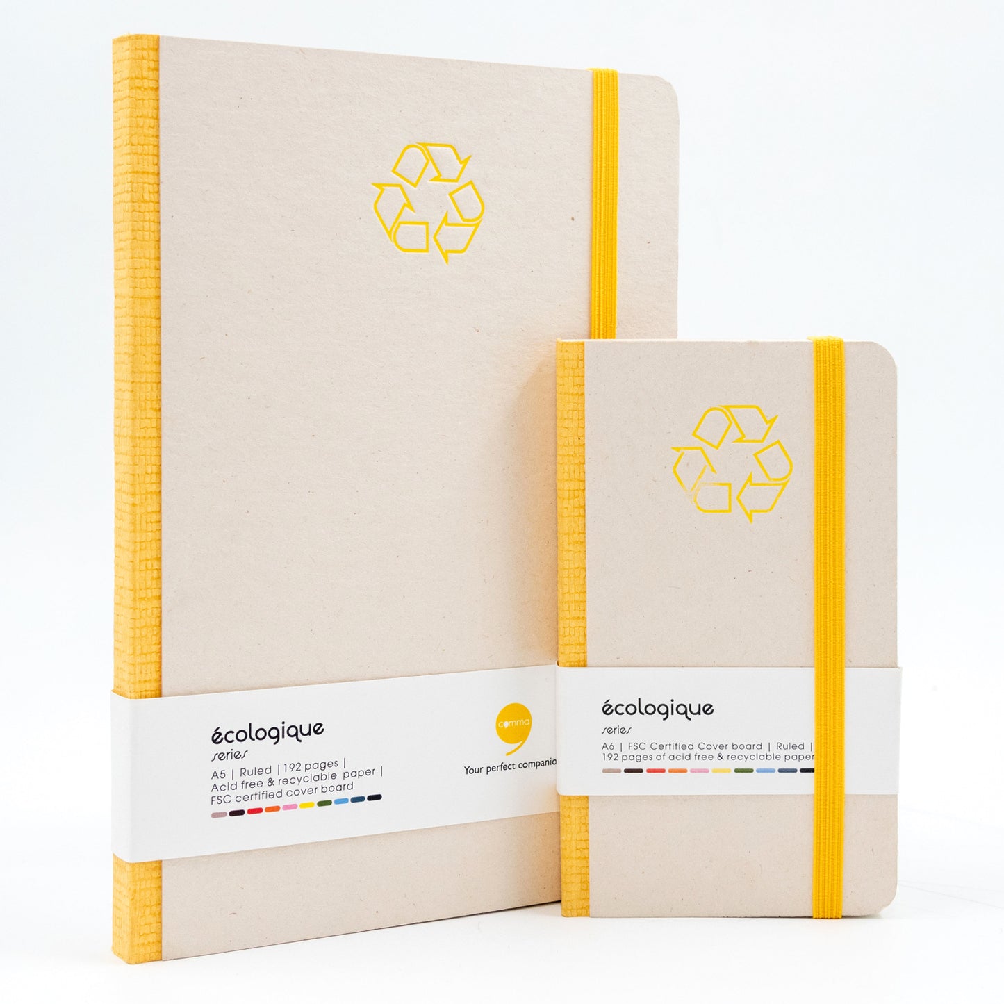 Two notebooks with yellow ribbons and 'écologique' branding on a white background