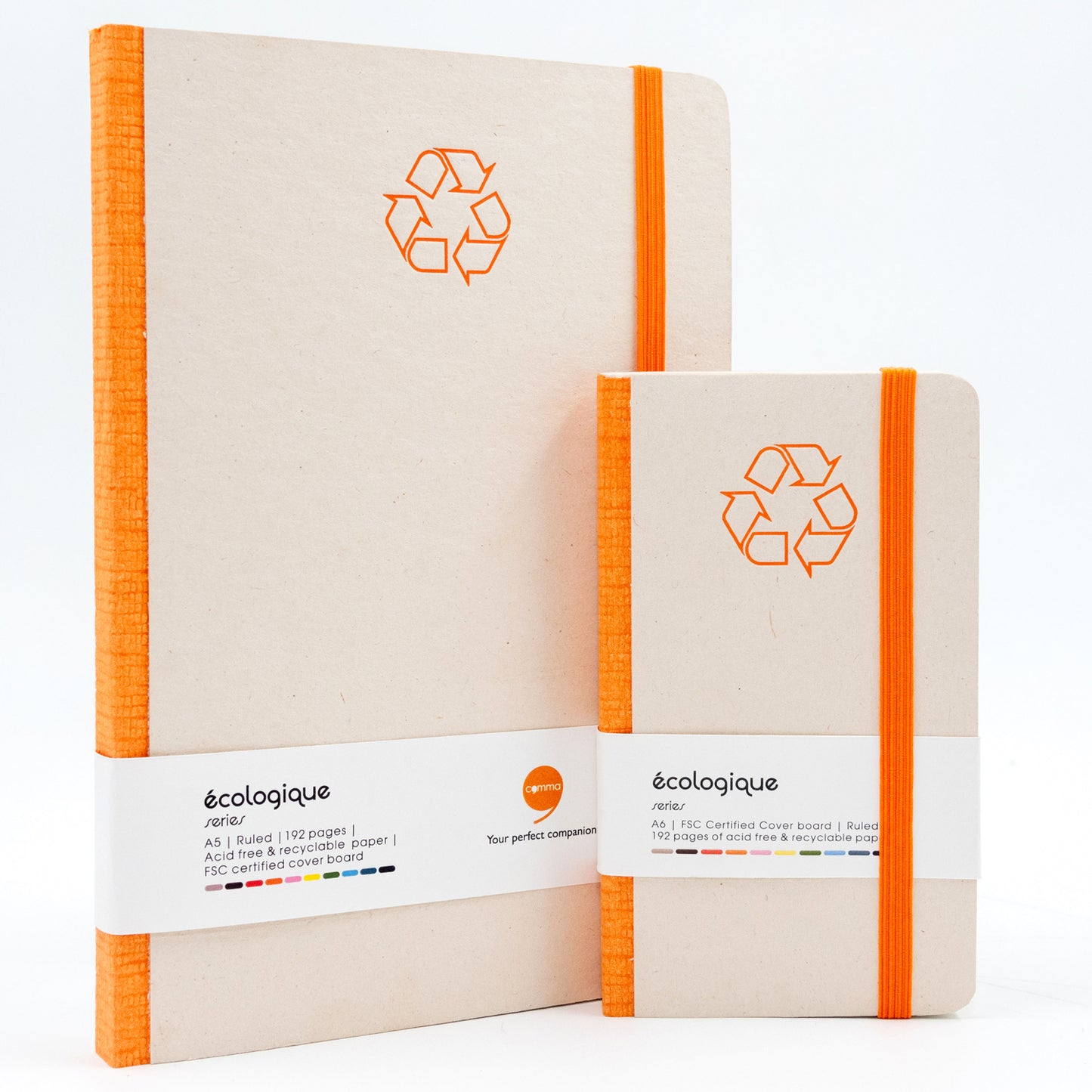 Two eco-friendly notebooks with orange straps and recycling symbol on a white background