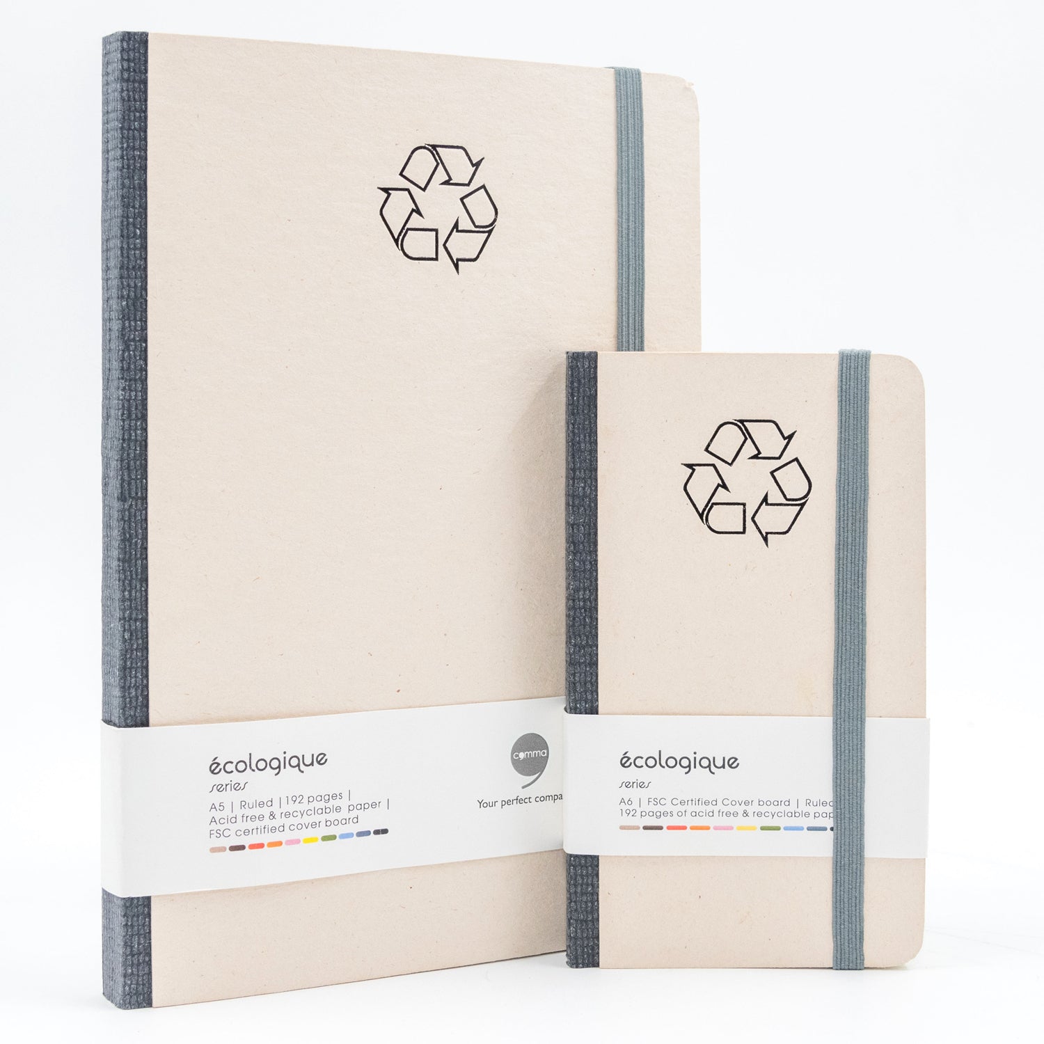 Two eco-friendly notebooks with recycling symbol on a white background