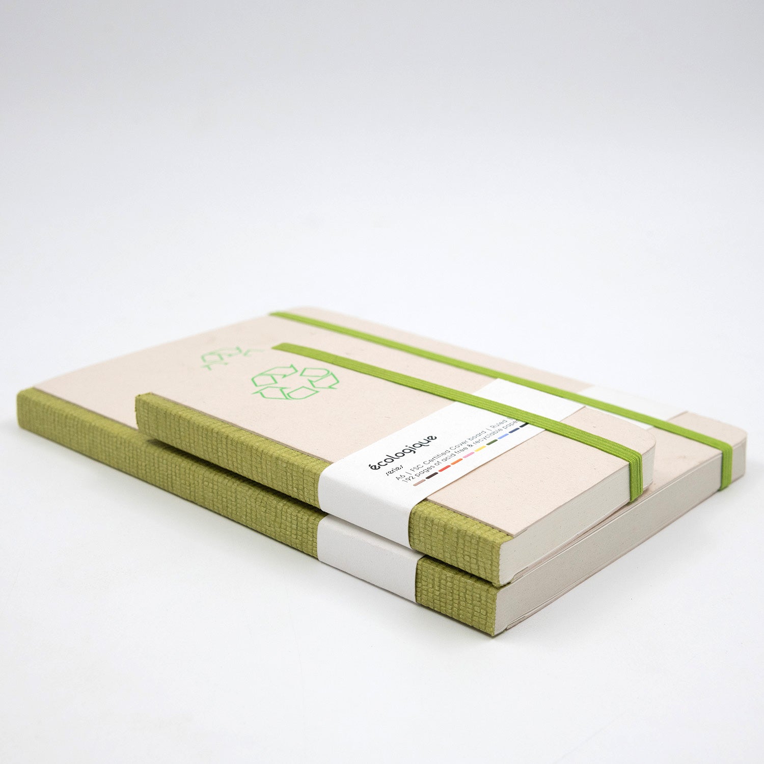 Two eco-friendly notebooks with green straps on a white background