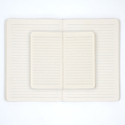 Open notebook with lined pages on a white background