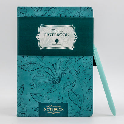 A hard bound notebook with a blue floral design cover and a pen loop, labeled 'Flowers Series'.