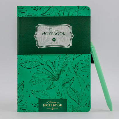 A5 size hard bound notebook with a green floral pattern cover and a black pen loop.