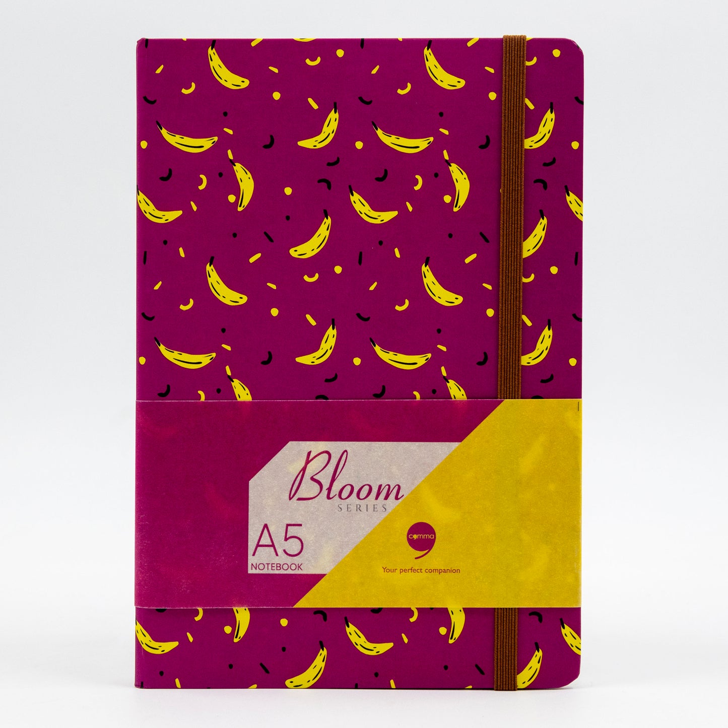A5 size hard bound notebook with a purple cover featuring a nature-inspired design with yellow banana patterns and a floral-themed affirmation on the back cover.