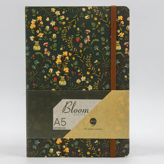 A5 size hard bound notebook with a dark green floral-themed design and a brown hard cover.