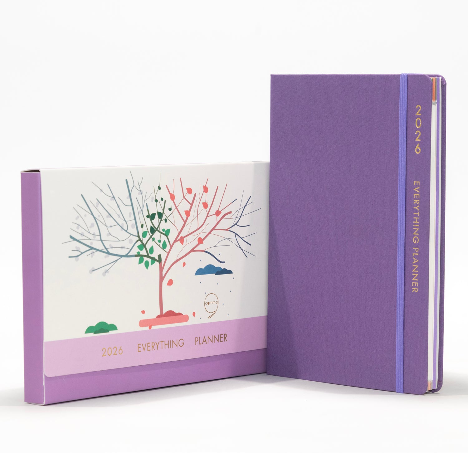 Purple planner with a tree illustration on the cover