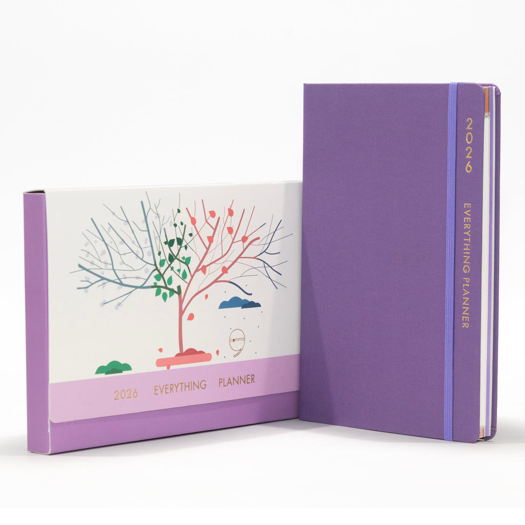 Purple planner with a tree illustration on the cover