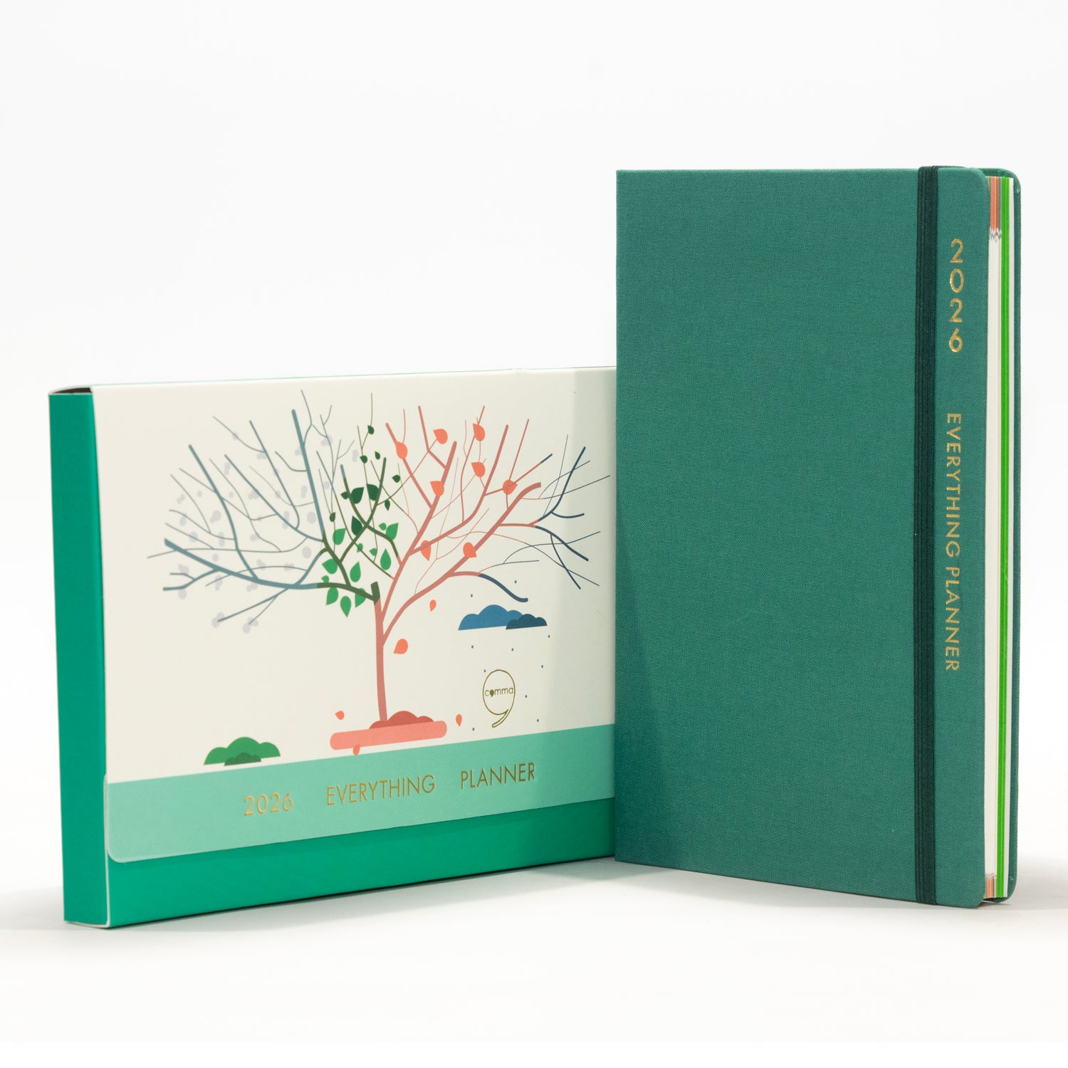 Green planner with tree illustration on a white background