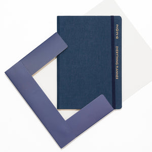 Blue planner with a geometric frame on a white background