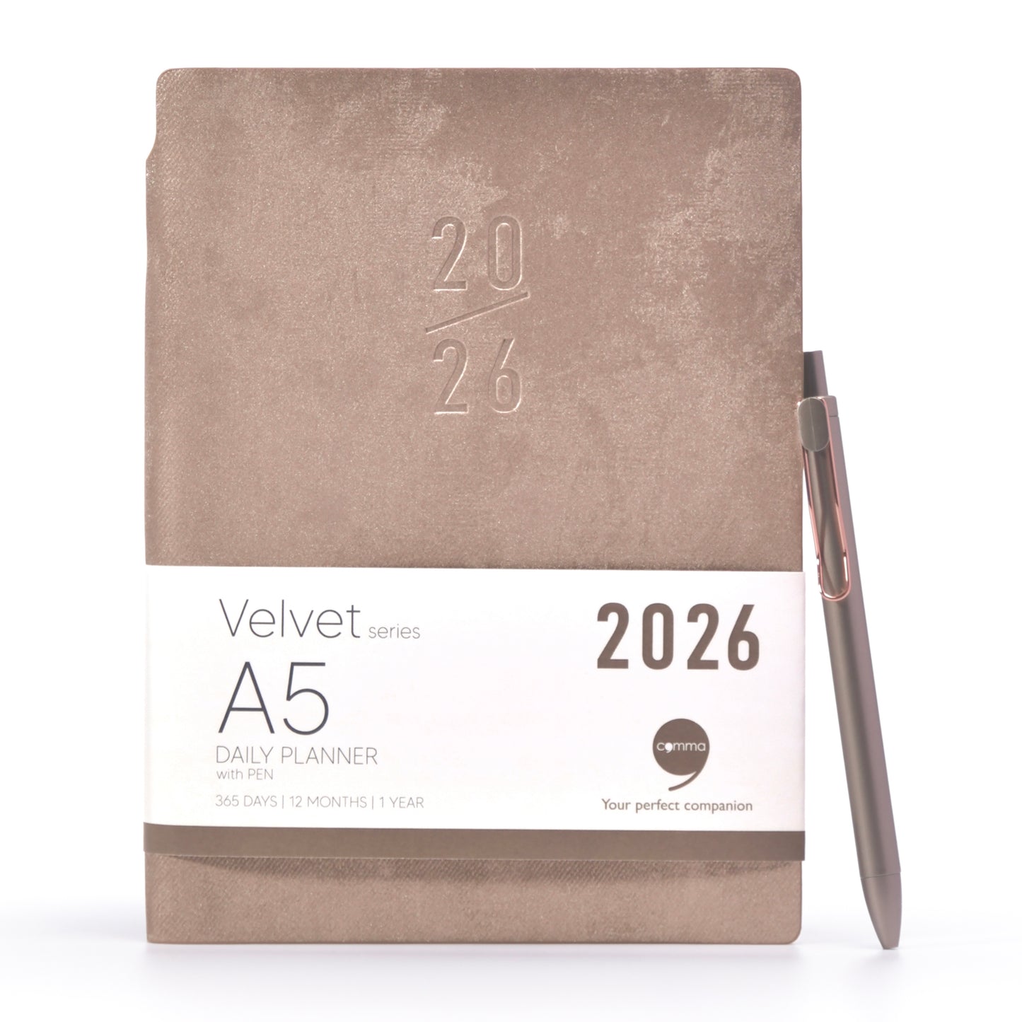 Velvet series A5 daily planner with pen on a white background