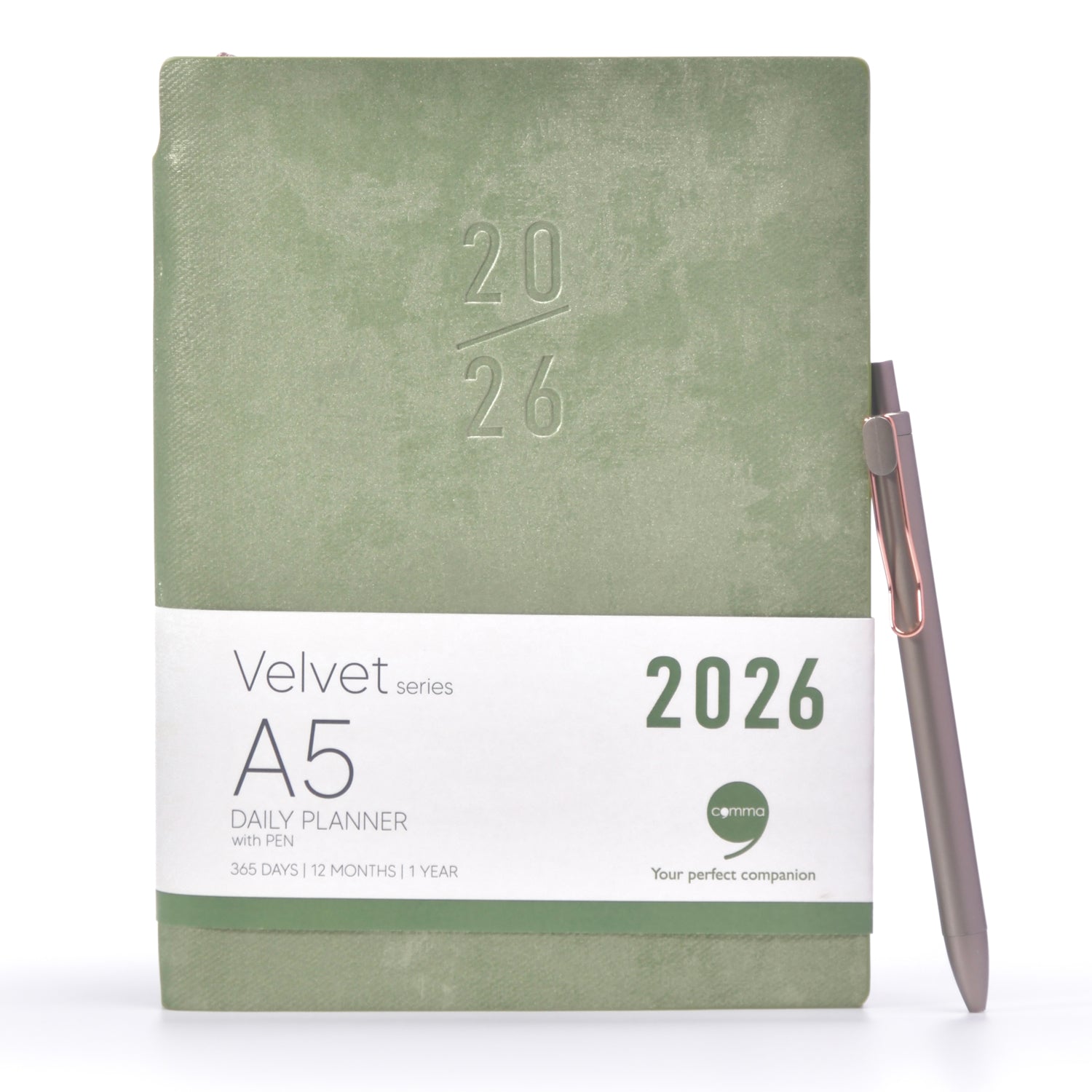 Green planner with '2026' embossed on it, featuring a pen on a white background