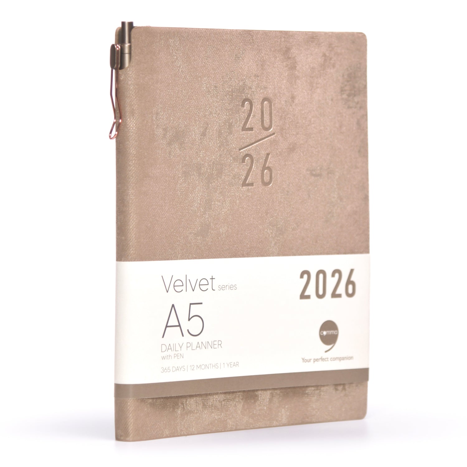 Beige planner with '2026' embossed on the cover on a white background
