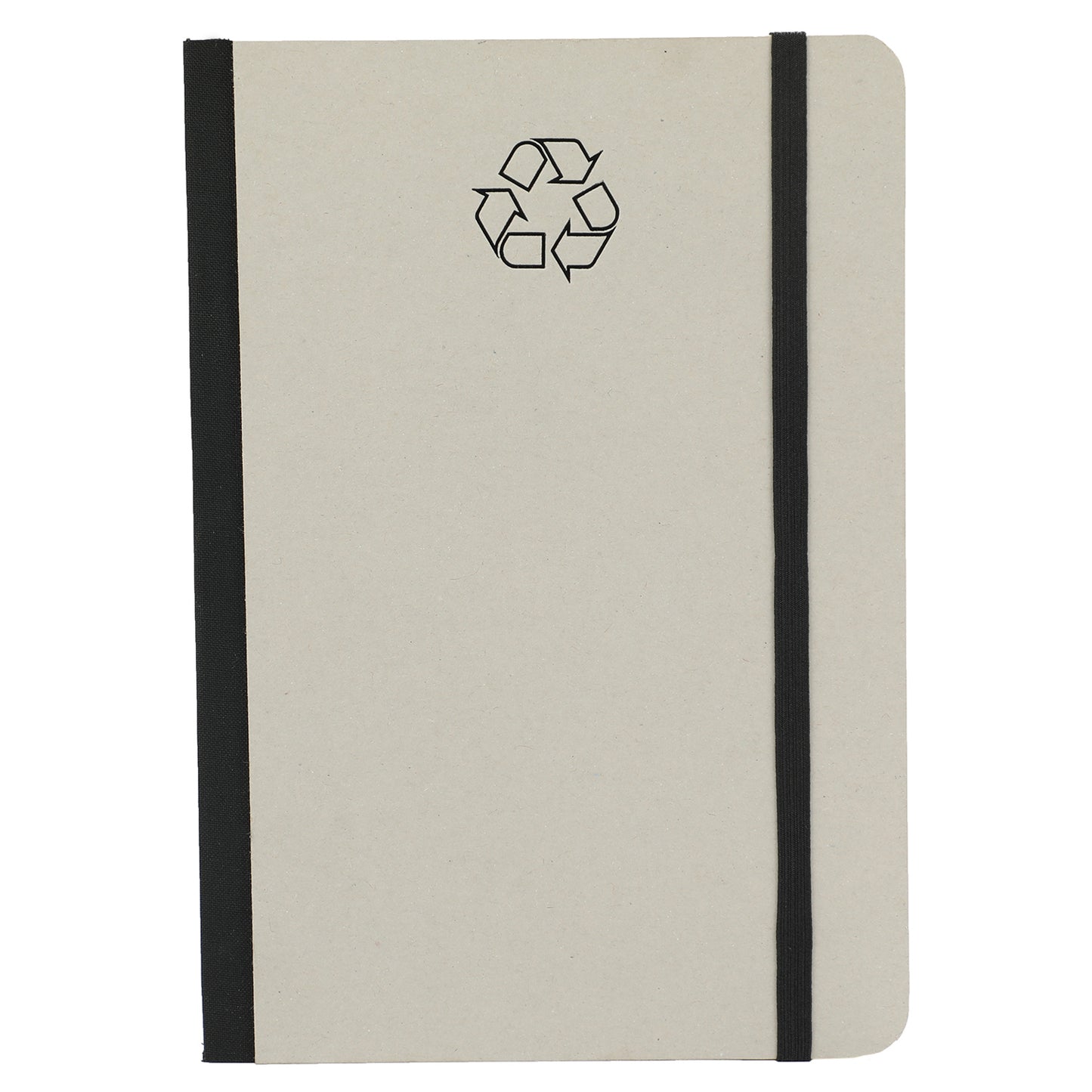 A5 grey notebook with black cover and elastic band closure, featuring a recycled paper board cover and a logo on the front.