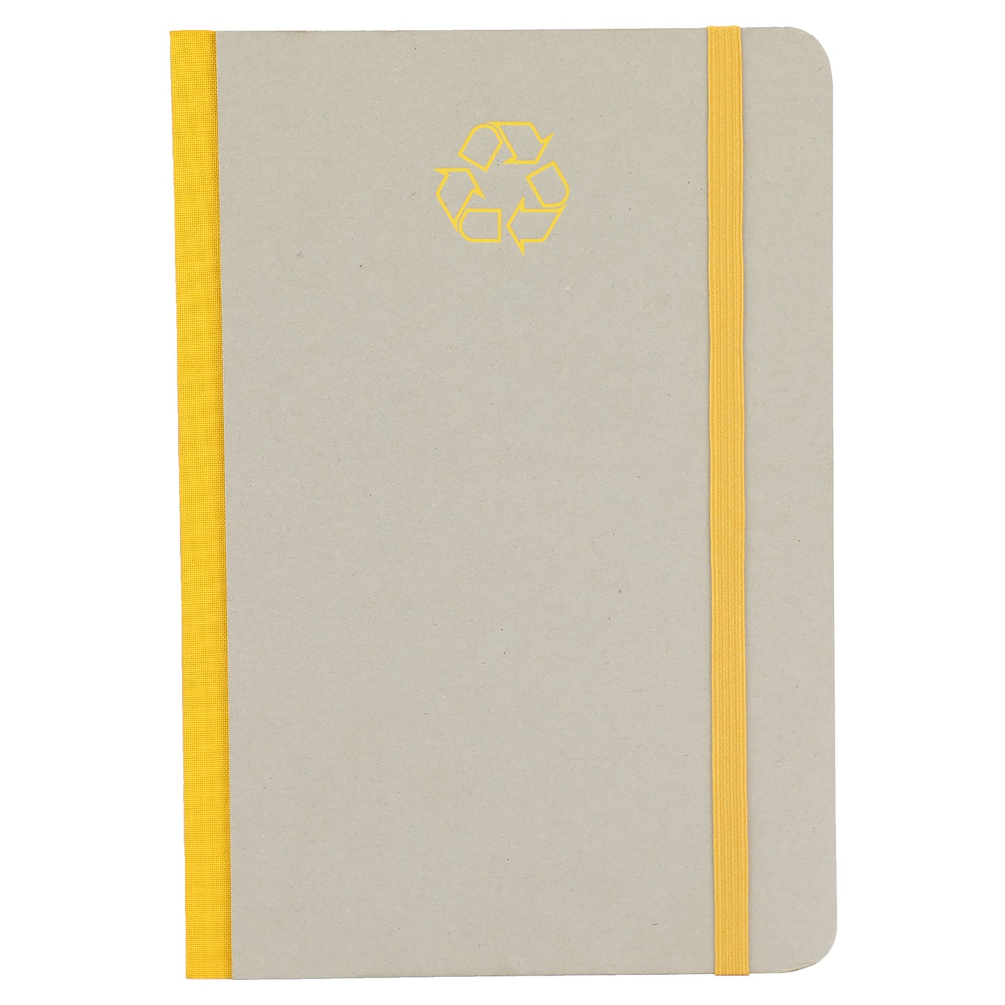 A grey A5 hard bound notebook with yellow accents and a recycling symbol on the cover.