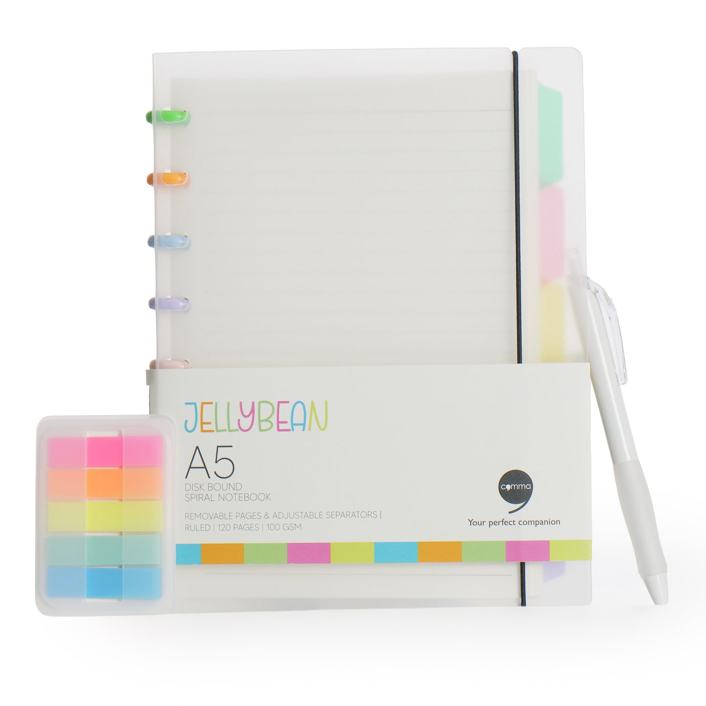 Comma Jellybean Disk-Bound Spiral Notebook with Pen & Sticky Notes