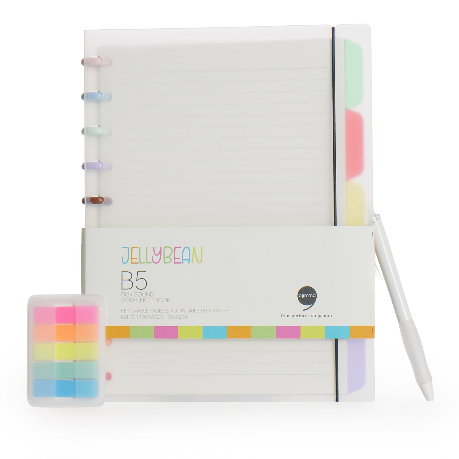 Comma Jellybean Disk-Bound Spiral Notebook with Pen & Sticky Notes B5 Size - Multi Colour